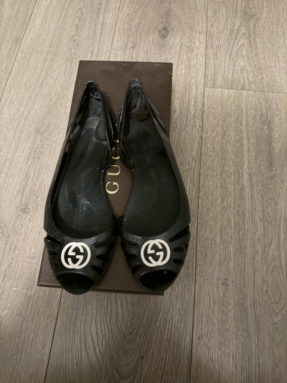 Gucci Black Jelly Peep-Toe Flats with White GG Logo